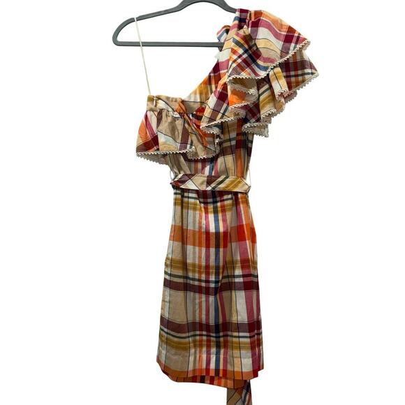 Trina Turk Reyes One Shoulder Plaid Dress with Detachable Flower – Size 0 – NWT - Picture 2 of 14